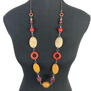 Vintage Artisan Mixed Wood & Resin Statement Necklace Earth Tone Boho Geometric